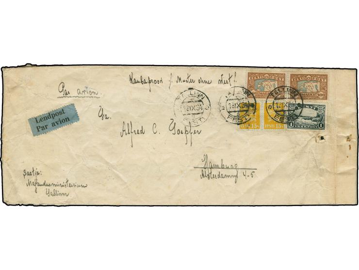 1924, Map 300 m., two singles with additional franking tied by cds. "TALLINN 18 IX 34" to sample without value to Hamburg, so
