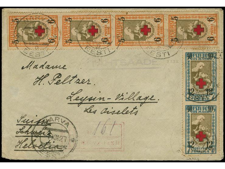 1926, Red Cross 5 m. as vertical strip of 4 and 10 m. as vertical pair, imperforated between, tied by cds. "NARVA 1 XII 27" t