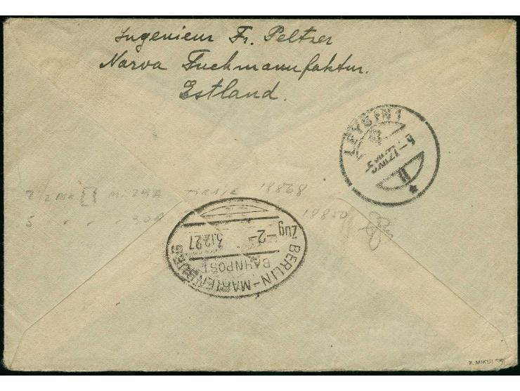 1926, Red Cross 5 m. as vertical strip of 4 and 10 m. as vertical pair, imperforated between, tied by cds. "NARVA 1 XII 27" t