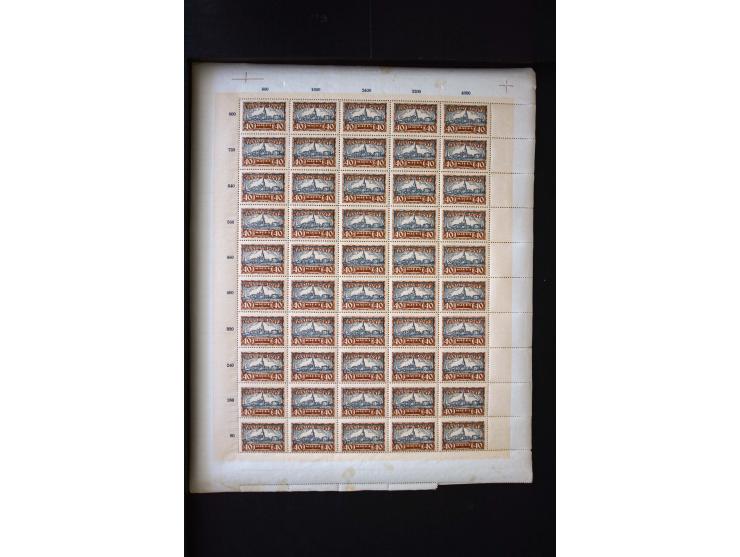 1927, City Views 5-40 m. complete sheets and collected by position 1-100, in addition some multiples and used stamps, fine