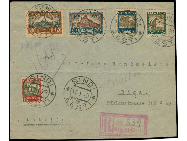 1927, Views of cities 5-40 m. tied by cds. "SINDI 17 I 28" to registered letter to Riga with arrival mark, slightly toned and