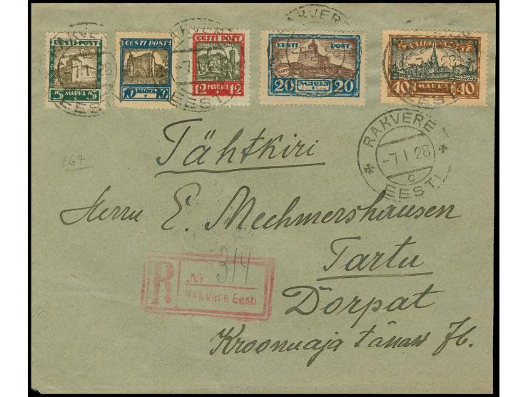 1927, Views of cities 5-40 m. tied by cds. "RAKVERE 7 I 28" to registered letter to Dorpat with arrival mark, fine, a scarce 