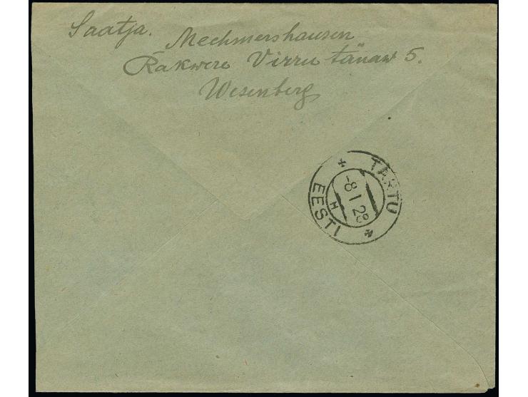 1927, Views of cities 5-40 m. tied by cds. "RAKVERE 7 I 28" to registered letter to Dorpat with arrival mark, fine, a scarce 