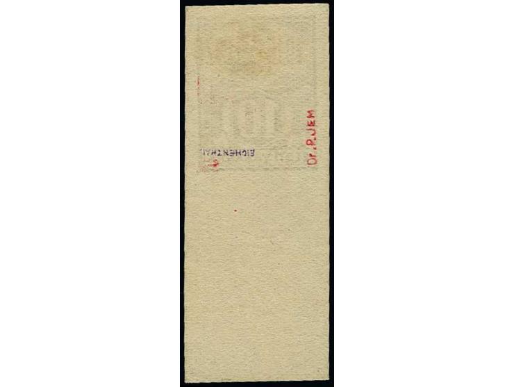 1928, New Currency Overprint 10 m. imperforated with bottom sheet margin, unused, fine, rare, signed Eichenthal and Jem and c
