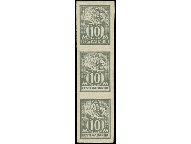 1928, Philatelic Exhibition Tallinn 10 m. grey, imperforated, vertical strip of three, unused, gum somewhat dull due to erase