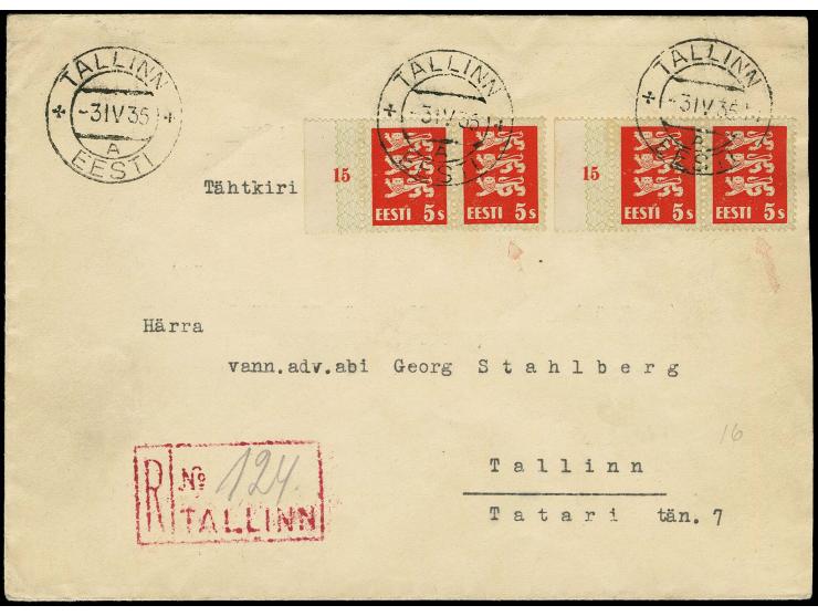 1928, Coat of arms 5s., two horizontal pairs with left sheet margin, right stamps with plate flaw "5 paws", tied by cds. "TAL