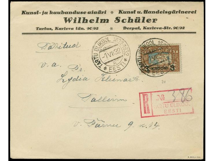 "TARTU ÜLIKOOL 1632-1932 -1 VII 32" clear strike on 3 kr. on registered cover to Talllinn, fine, rare, signed Mikulski