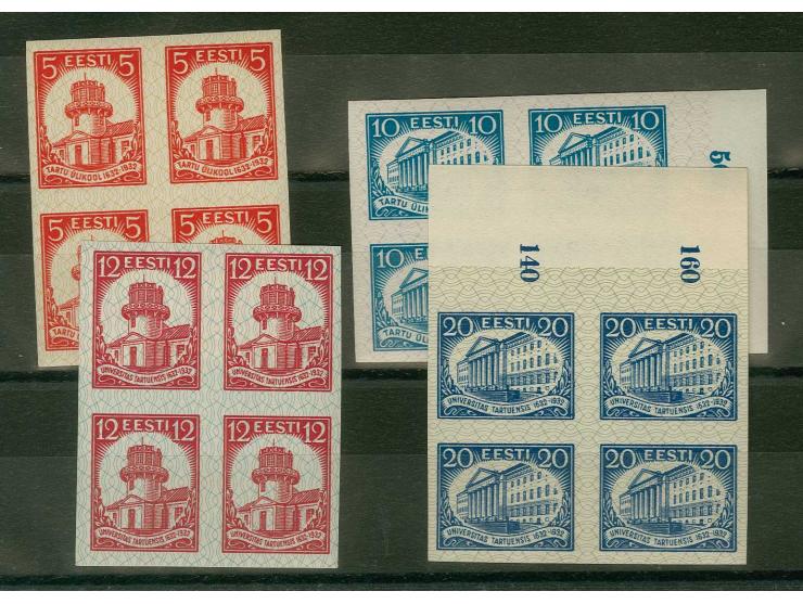 1932, 300 Years Dorpat University 5-20 s., each as imperforated block of four, 10 and 20 s. with sheet margin, mint never hin