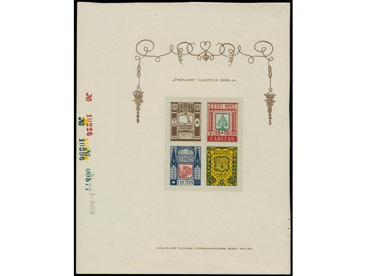 1938, Caritas souvenir sheet, imperforated 140 x 180 mm, at left paginated with different colour-numbers of the colours used 