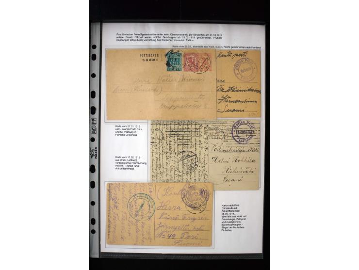 INDEPENDENCE-WAR: 1918/20, Finnish and Baltic-German Units, 5 cards and one cover and 2 stamps with different cancellations, 