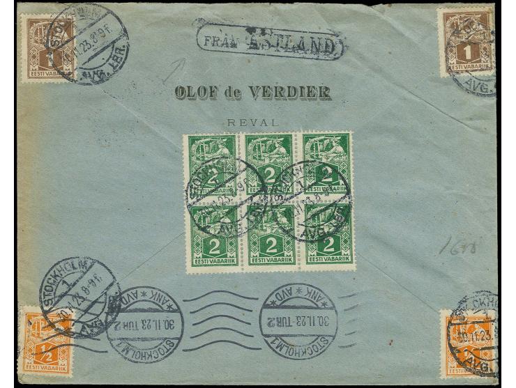 "FRAN ESTLAND" boxed cancel on reverse of cover to Stockholm, franked with 1922 Craftsmen ½+-2m, tied by cds. "STOCKHOLM 30.1