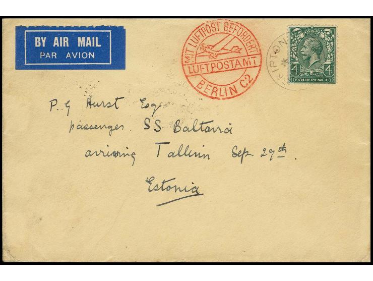 GREAT BRITAIN: George V. 4 p. tied by cds. "SKIPTON 27 SP 32" to airmail cover addressed to "passengers SS Baltavia arriving 