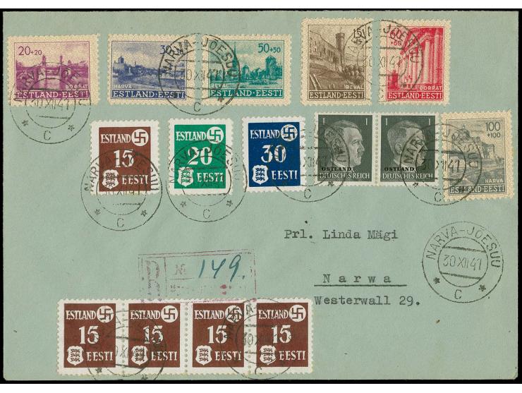 15-30 k. and 15 k. as horizontal strip of four tied together with Rebuilding 15-100 k. and Ostland pair of 1 Pfg. by cds. NAR