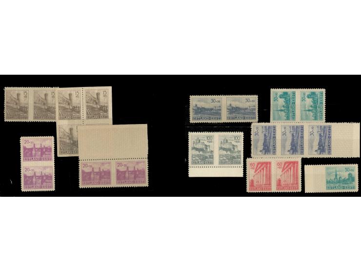Rebuilding 15-100 k., interesting group of 9 multiples and one single with perforation varieties, mostly mint never hinged, f