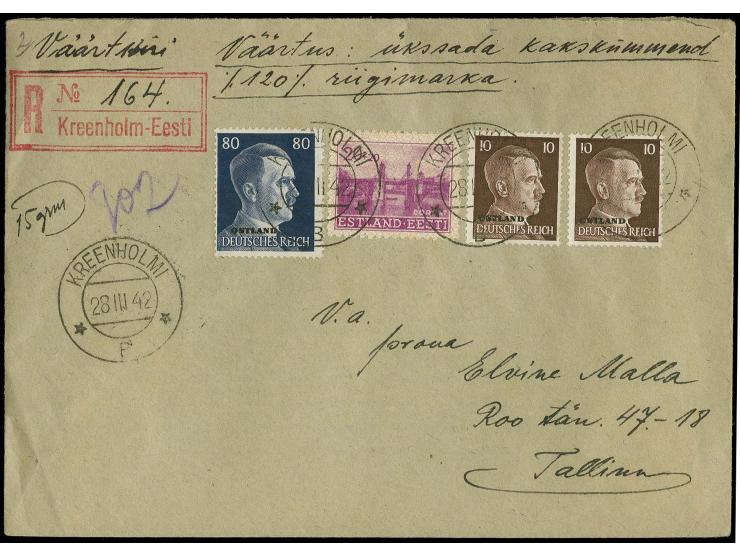 1941, Reconstruction 20 k. together with Ostland 10 pfg. (2) and 80 pfg., tied by cds. "KREENHOLM 28 III 42" to money letter 