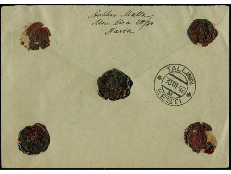 1941, Reconstruction 20 k. together with Ostland 10 pfg. (2) and 80 pfg., tied by cds. "KREENHOLM 28 III 42" to money letter 