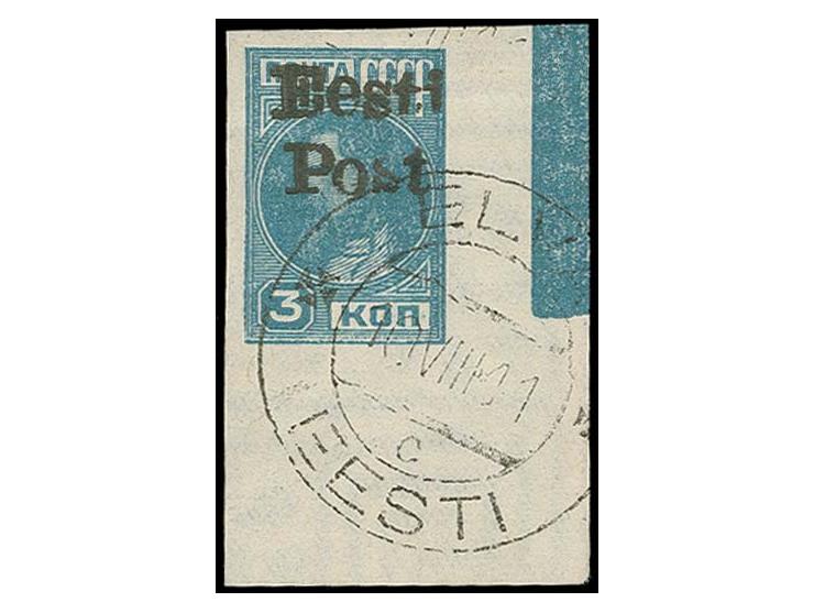 3 k. blue, from the lower right sheet corner, used, very fine, signed Eichenthal and certificate Löbbering BPP