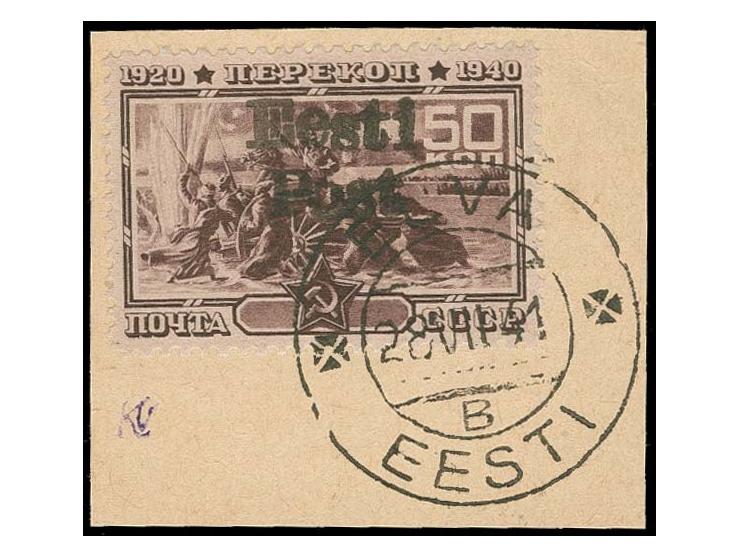 Perekop 50 k. violett, tied by cds. "ELVA 28 VII 41" to small piece, fine, signed and certificate Löbbering BPP