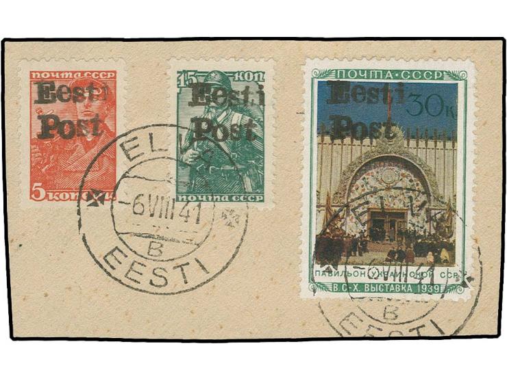 Ukrainian SSR 30 k. and definitive 5 and 15 k. tied y cds. "ELVA -6 VIII 41" to small piece, fine, certificate Löbbering BPP