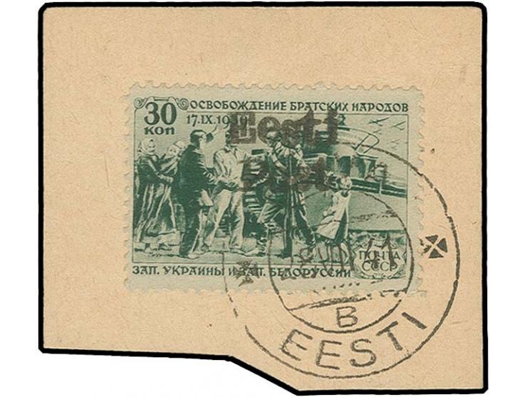 Western Ukraine and Western Belarus 30 k., tied by cds. "ELVA 28 VII 41" to small piece, so far only 2 copies are known, fine