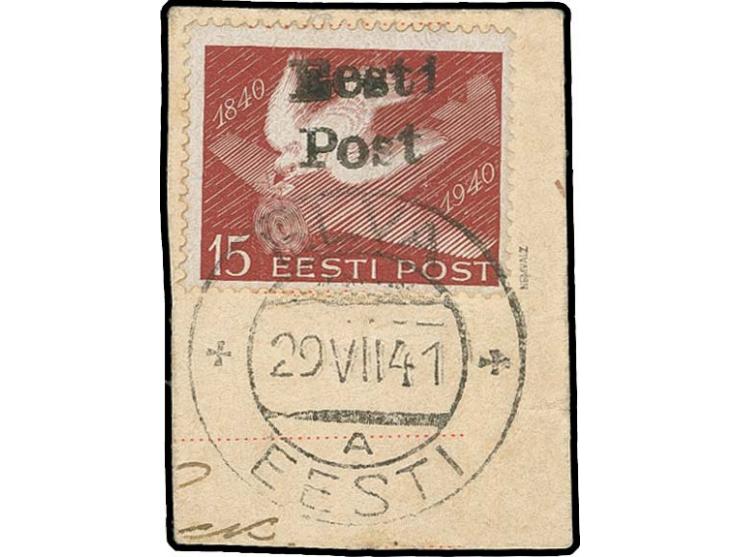 Estonia 15 s., tied by cds. "ELVA 29 VII 41" to piece, fine, only six examples known, signed Nemvalz and certificate Löbberin