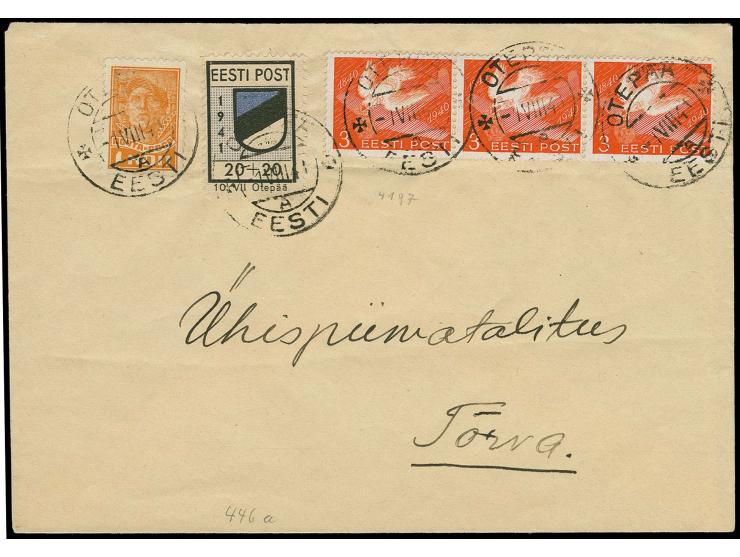 20 k. with additional franking tied by cds. "ELVA A -1 VIII 41" to lettered cover, fine