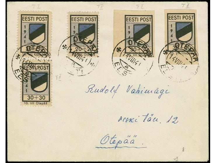 20 k. perforated and 30 k. perforated and imperforated in type I and II tied by cds "ELVA A 14 VIII 41" to lettered cover, fo