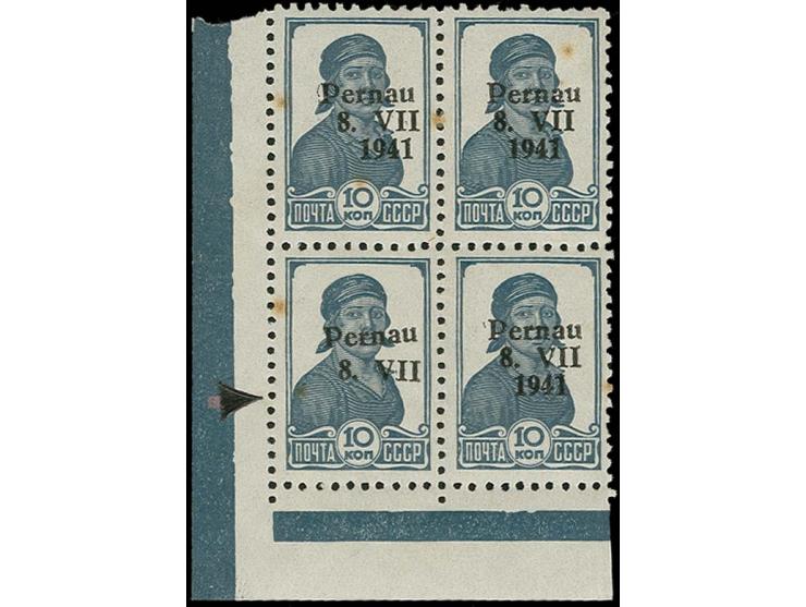 10 k. as block of four from the lower left sheet corner, the bottom left stamp with variety "missing 1941", mint never hinged