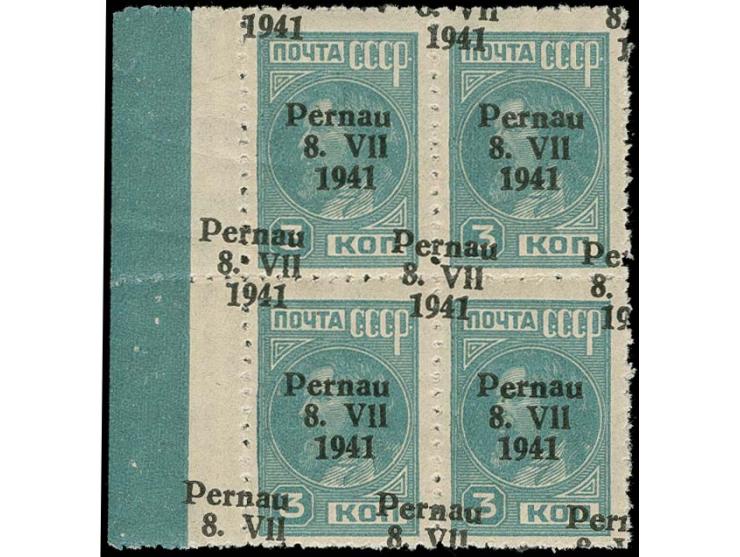 3 k. as block of four with left sheet margin, with double print, the second one shifted, mint never hinged, fine, rare, signe