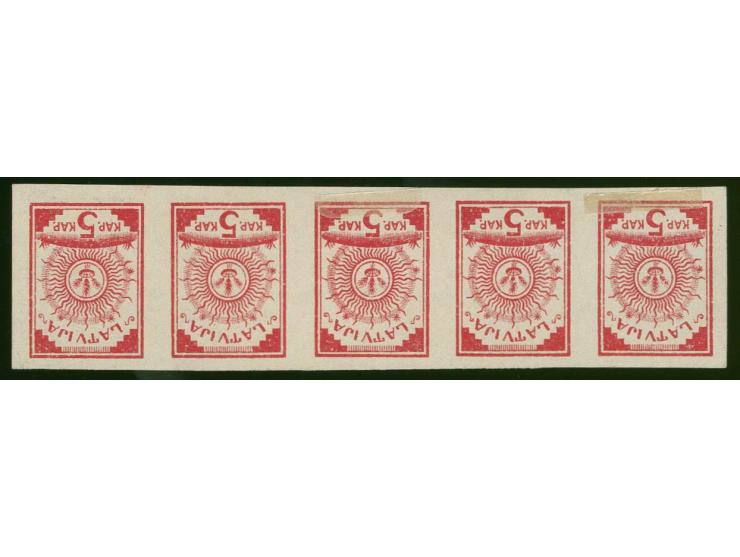 5 k. carmine, strip of five printed on both sides, without gum, fine
