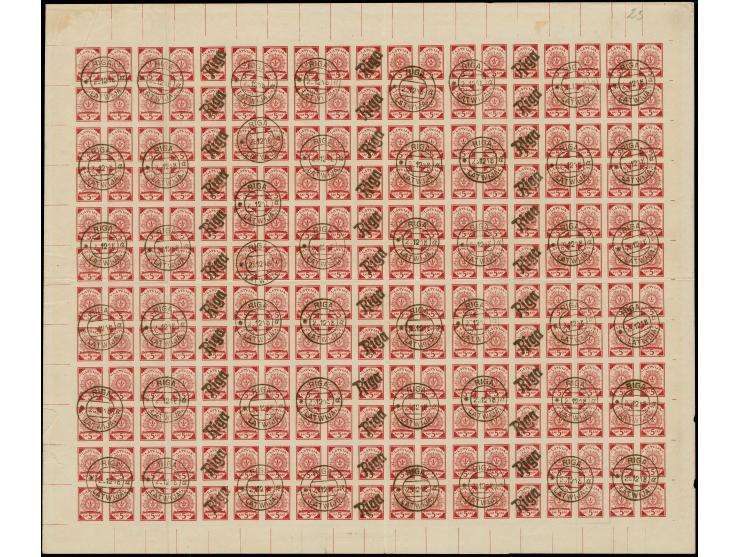 1918, 5 k. red, complete sheet on map S18 Illukßt, used with straight line "RIGA" and cds. "RIGA 25 12 18", folded vertically