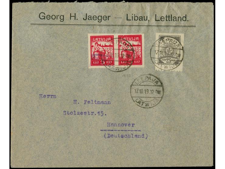 1919, 25 k. with additional franking tied by cds. "LEEPAJA 17.10.19" to cover to Hannover, fine, signed Hofmann BPP with cert