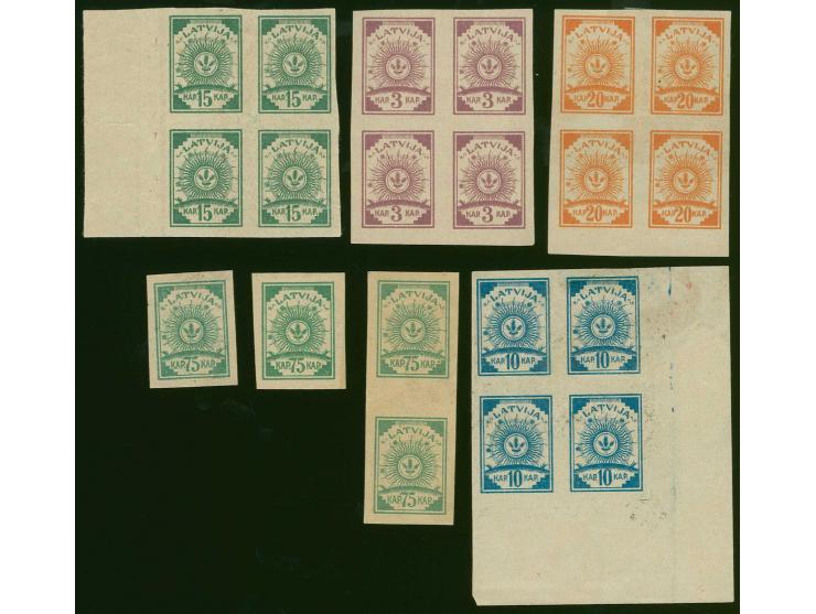 3 k. lilac, block of four on red label paper, 10-20 k. as blocks of four and 75 k. two singles and vertical pair on multicolo