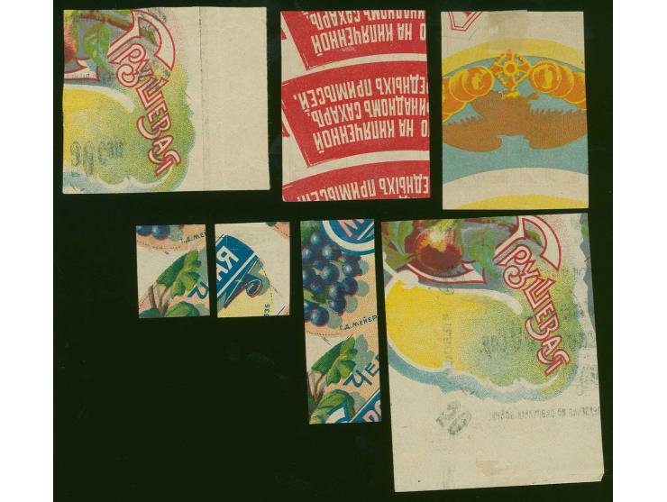 3 k. lilac, block of four on red label paper, 10-20 k. as blocks of four and 75 k. two singles and vertical pair on multicolo