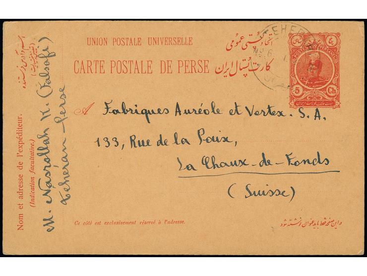 Postcard 5 ch. red on light reddish-orange, used commercially 1921 from Teheran to Switzerland (Sadri PC32)