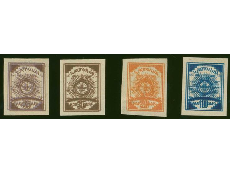 10 k. bue, 20 k. orange and 35 k. brown, each with clear double print, and 50 k. lilac on 35 k. brown, all on multicoloured l