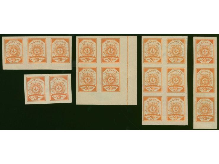 20 k. orange, horizontal strip of three on red label paper and a horizontal pair, vertical strip of three, a block of four an