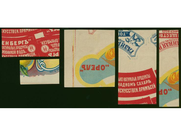 20 k. orange, horizontal strip of three on red label paper and a horizontal pair, vertical strip of three, a block of four an