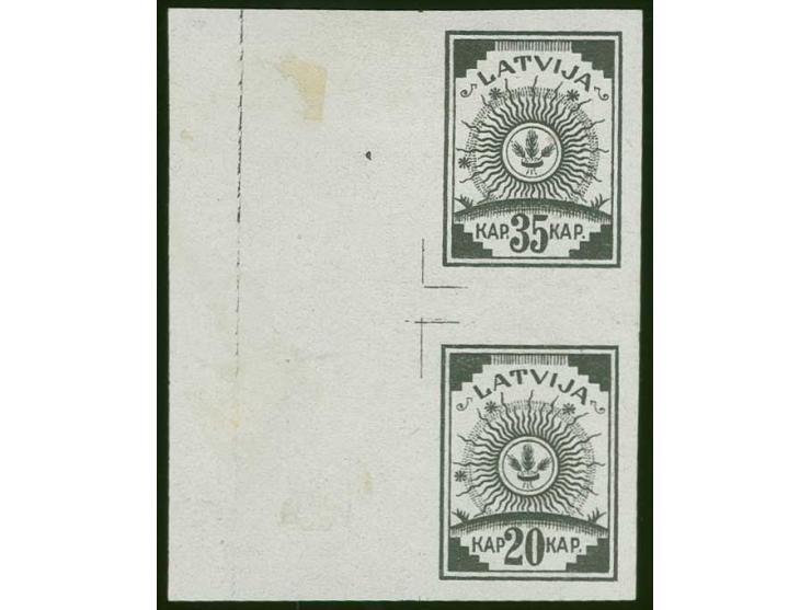  35 and 20 k. on chalky paper as vertical gutter pair with left sheet margin, without gum, scarce, fine