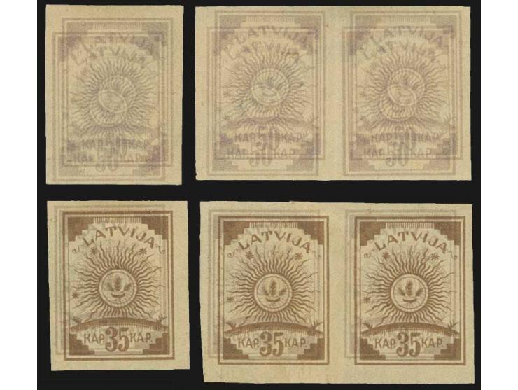35 k. brown on 50 k. lilac and 50 k. lilac with clear double print, each on multicoloured label paper and as horizontal pair 