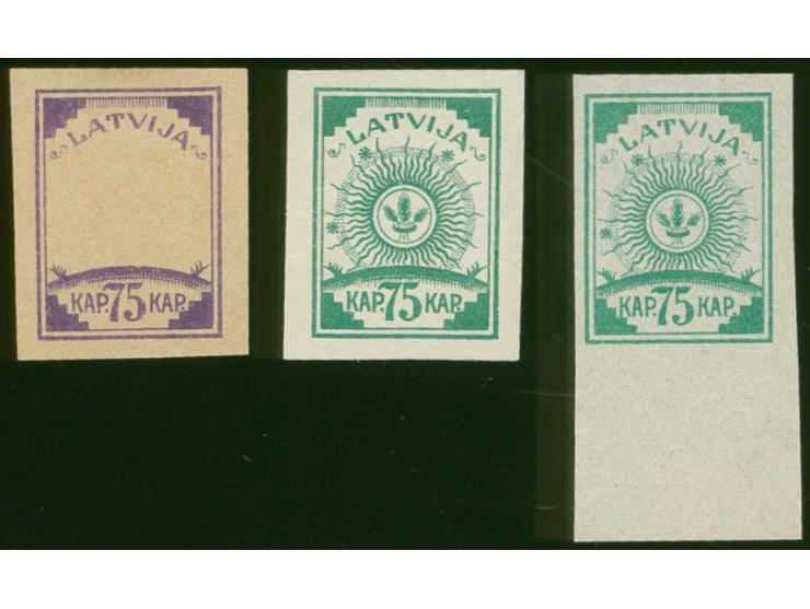 75 k. green, on ordinary white paper and on multicoloured label paper and 75 k. lilac frame only on ordinary pape, without gu