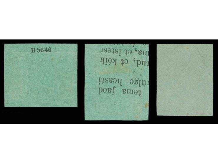1919, Issue for North-Latvia, 10 k., three hand-printed proofs on green paper, one with blank reverse, one with text printed 