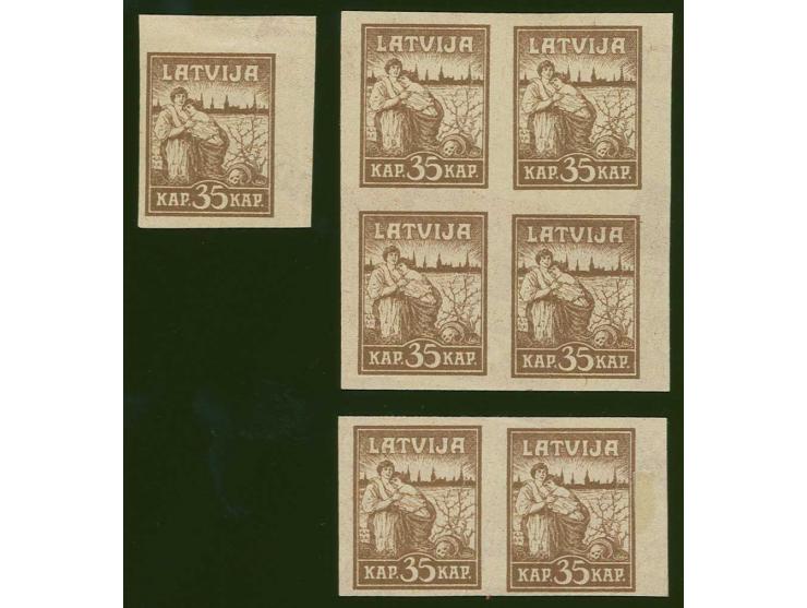 1919, Liberation of Riga 35 k. brown, block of four, horizontal pair and single stamp on red label paper, without gum, very f