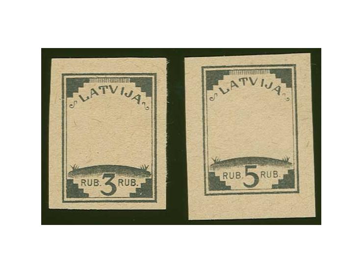 3 and 5 rbl. black on ordinary paper, frame only, without gum, scarce, fine