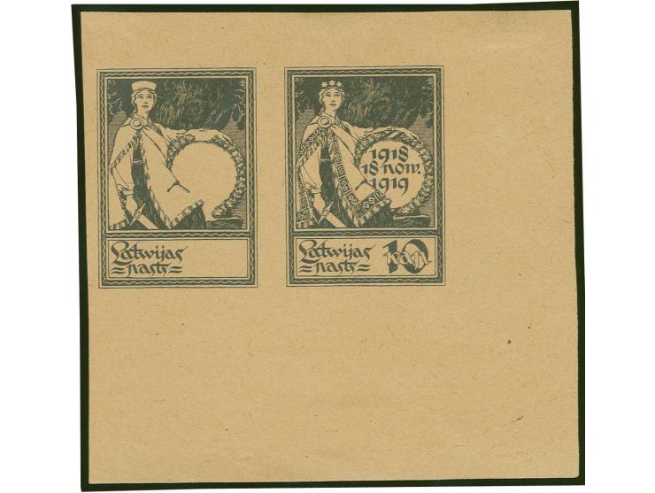 1919, 1st Anniversary of Independence 10 k. black on ordinary paper, horizontal pair, the left stamp just the frame, right st