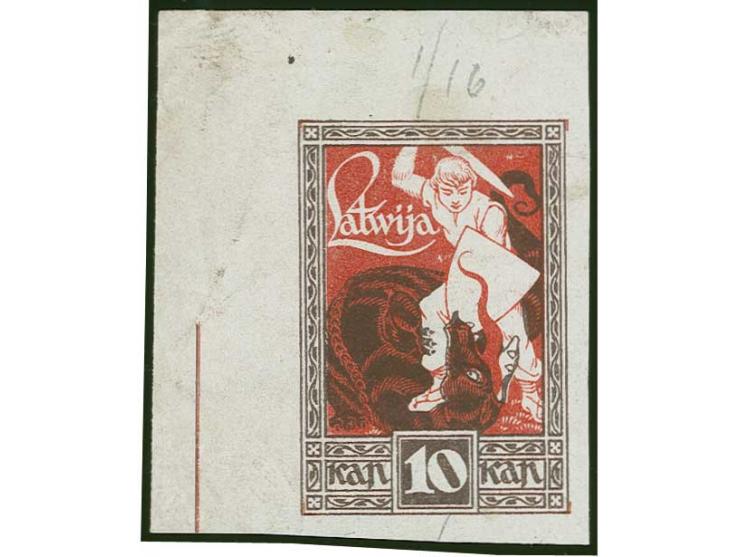 1919, Liberation of Courland 10 k. brown frame / red background on white chalky paper, from the upper left sheet corner, with