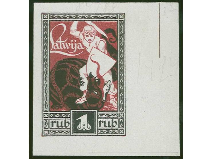 1919, Liberation of Courland 1 rbl. black frame / red background on white chalky paper, with right sheet margin, without gum,