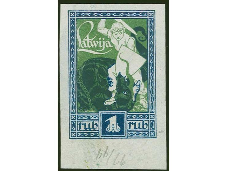 1919, Liberation of Courland 1 rbl. blue frame / green background on white chalky paper, without gum, scarce, fine