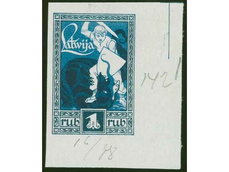 1919, Liberation of Courland 1 rbl. dark green frame / blue background on white chalky paper, from the lower right sheet corn