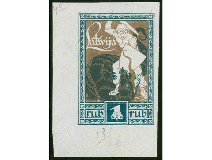 1919, Liberation of Courland 1 rbl. green frame / brown background on white chalky paper, from the lower left sheet corner, w